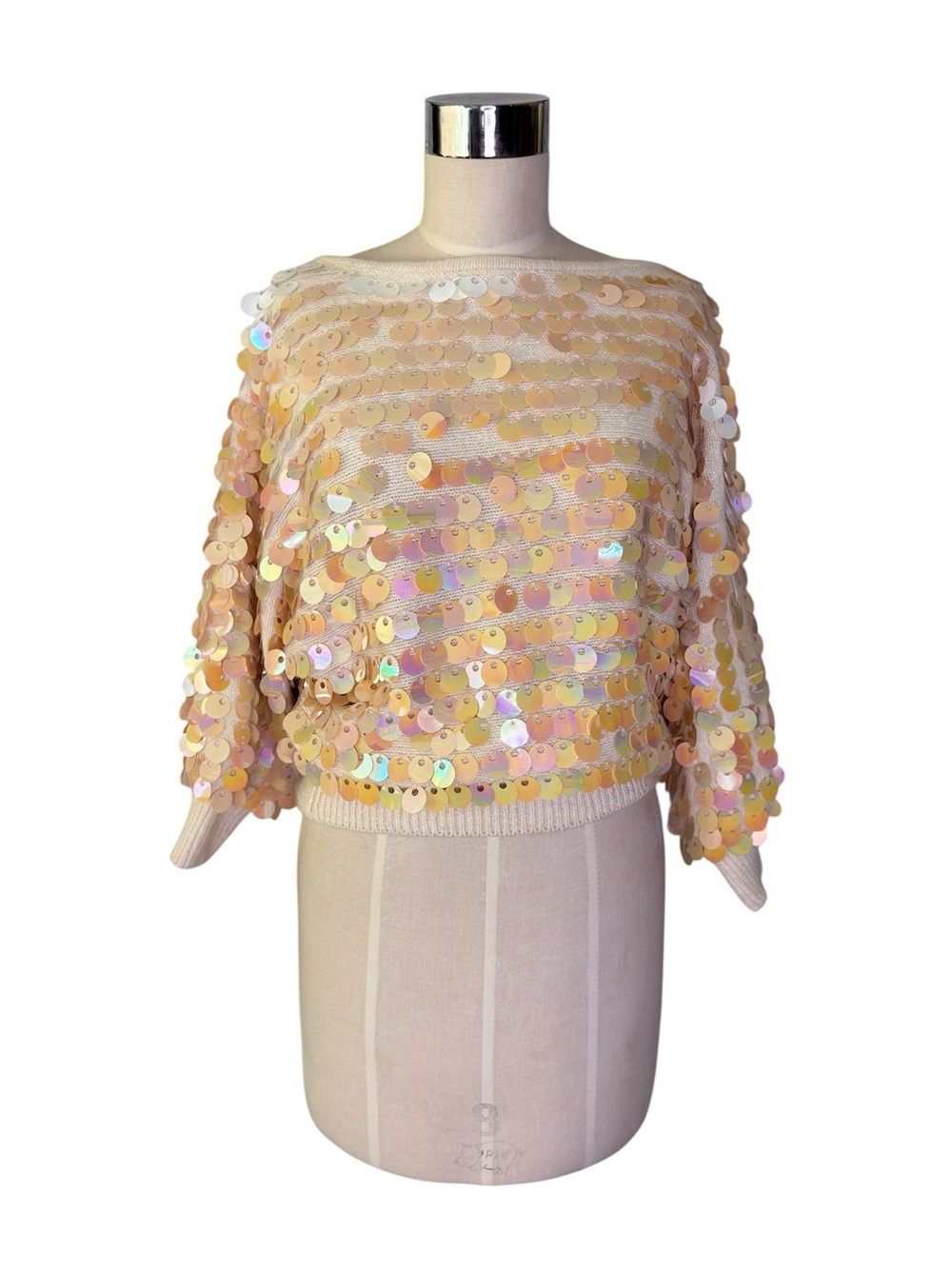 Vintage I.B. Diffusion Sequin Cropped Boatneck Top in Iridescent Cream